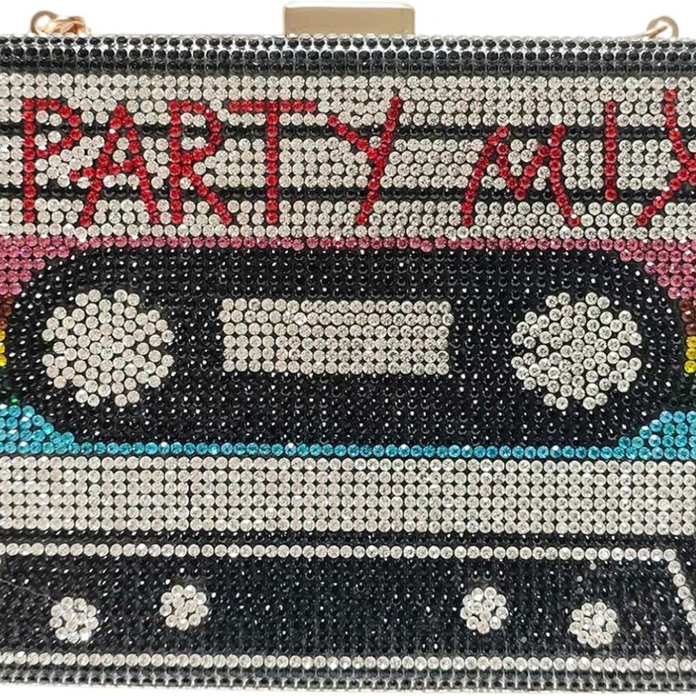 Women Retro Radio Shape Crossbody Bag Rhinestone Metal Vintage Evening Clutch Pu